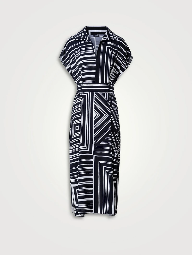 Silk Crepe Midi Dress Lines Print
