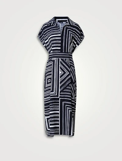 Silk Crepe Midi Dress Lines Print