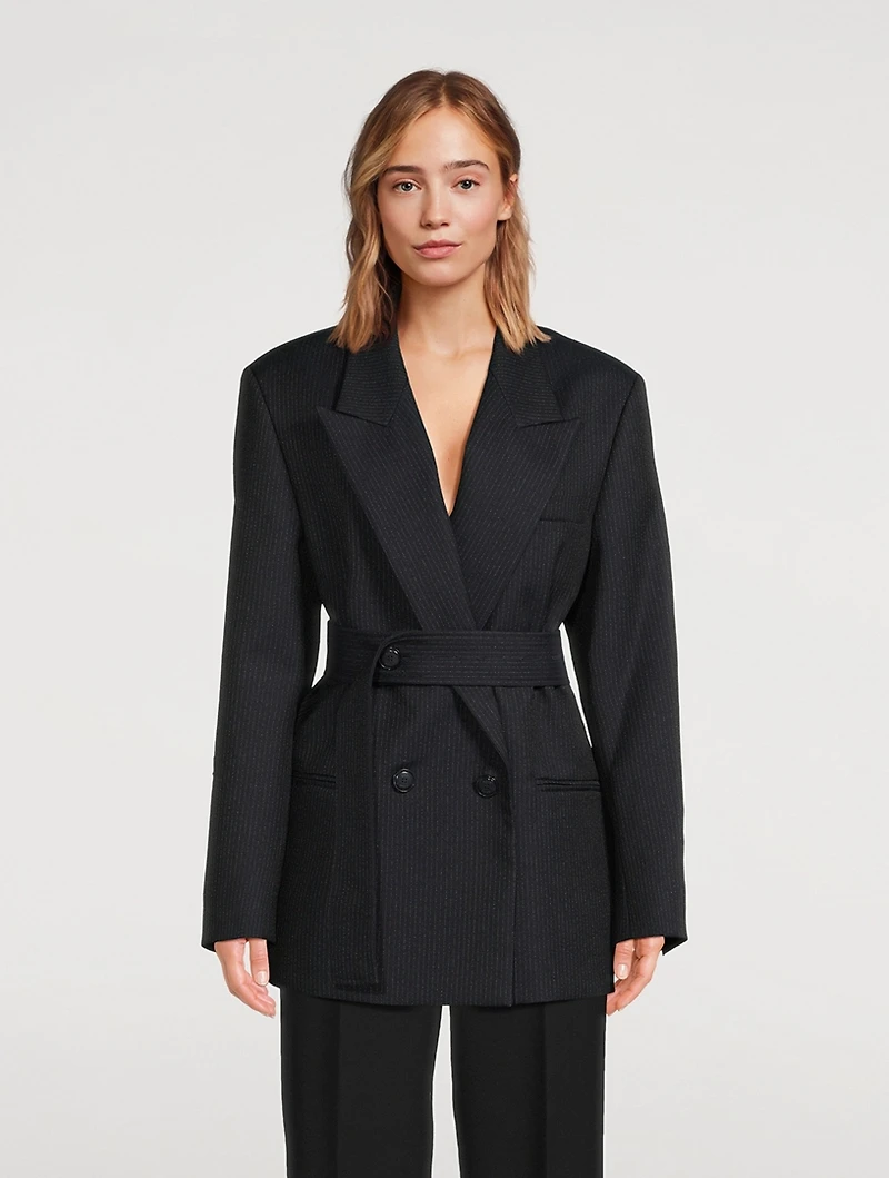 Double-Breasted Belted Wool Blazer Pinstripe Print
