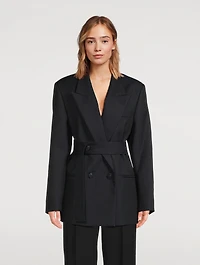 Double-Breasted Belted Wool Blazer Pinstripe Print