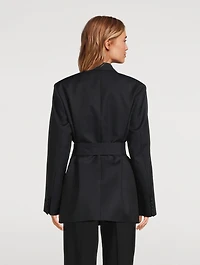 Double-Breasted Belted Wool Blazer Pinstripe Print