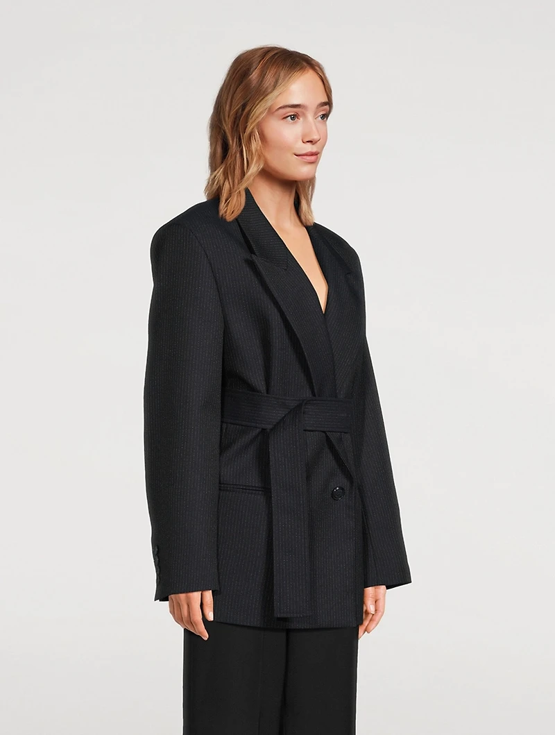 Double-Breasted Belted Wool Blazer Pinstripe Print