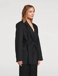 Double-Breasted Belted Wool Blazer Pinstripe Print