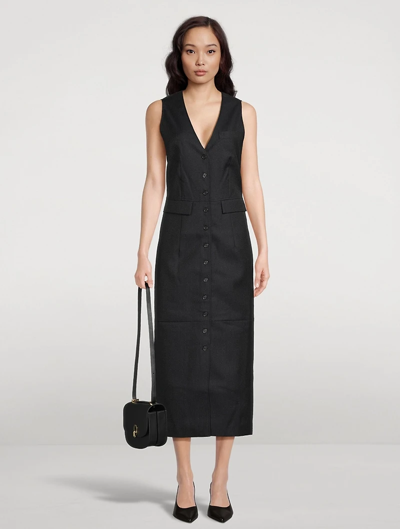 Button-Front Dress Pinstripe Print