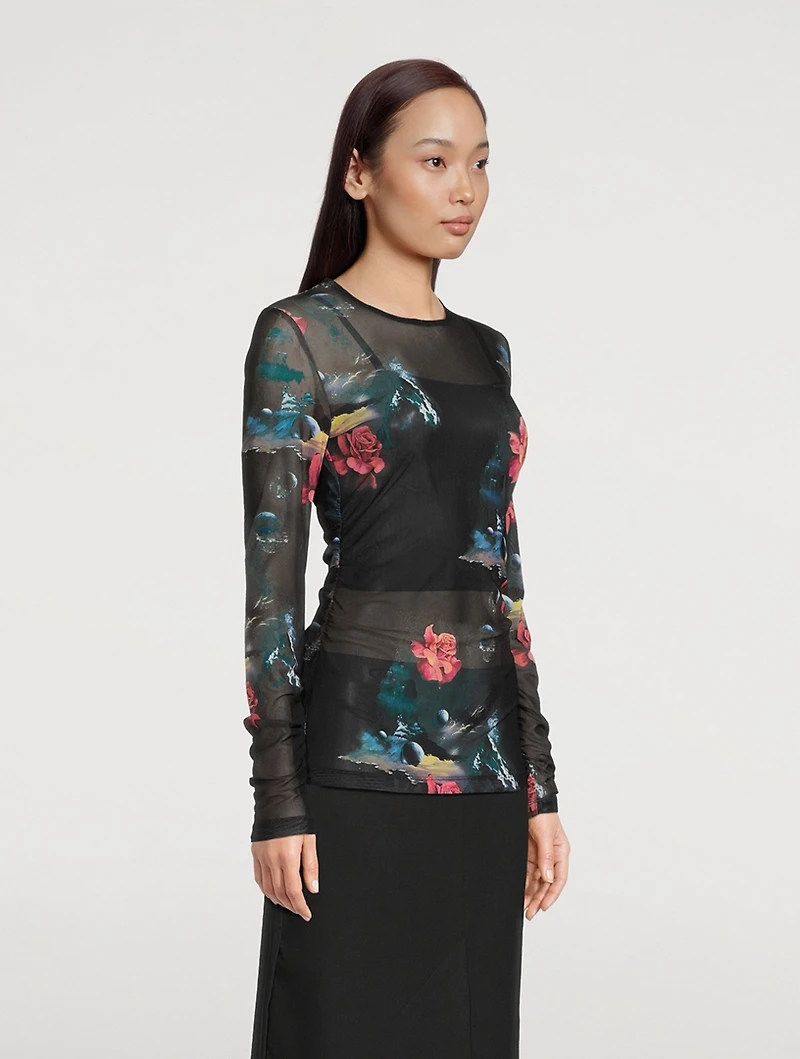 Mesh Printed Long-Sleeve Top