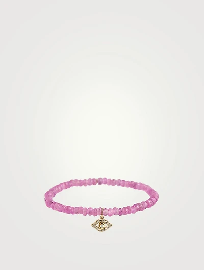Pink Sapphire Beaded Bracelet With Gold And Diamond And Pearl Evil Eye Charm