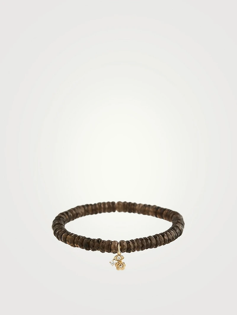 Smokey Topaz Beaded Bracelet With Gold And Diamond Rose Charm