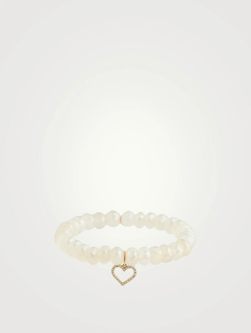 Champagne Chalcedony Beaded Bracelet With Gold And Diamond Heart Charm