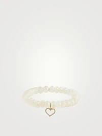 Champagne Chalcedony Beaded Bracelet With Gold And Diamond Heart Charm