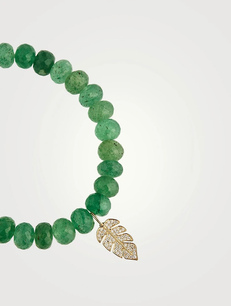Green Quartz Beaded Bracelet With Gold And Diamond Leaf Charm