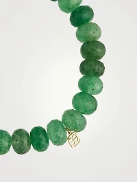 Green Quartz Beaded Bracelet With Gold And Diamond Leaf Charm