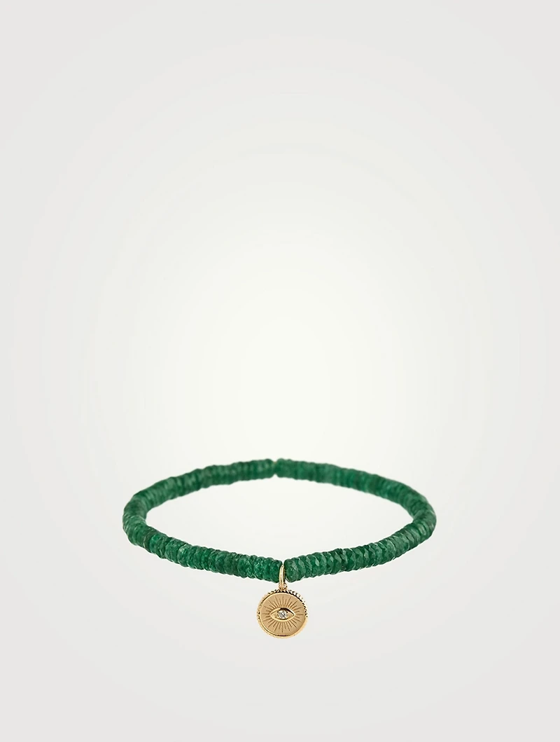Aventurine Beaded Bracelet With Gold Diamond Eye Coin Charm