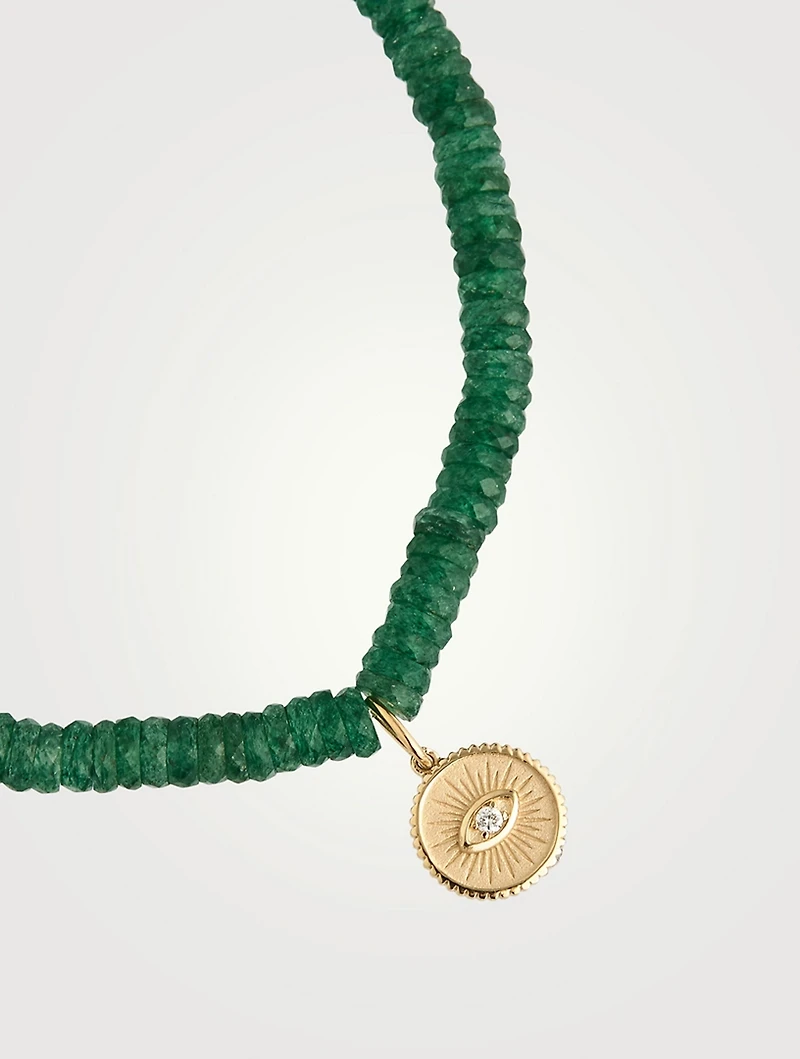 Aventurine Beaded Bracelet With Gold Diamond Eye Coin Charm