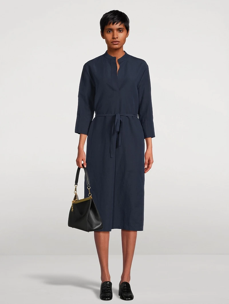 Cotton And Linen Band-Collar Midi Dress