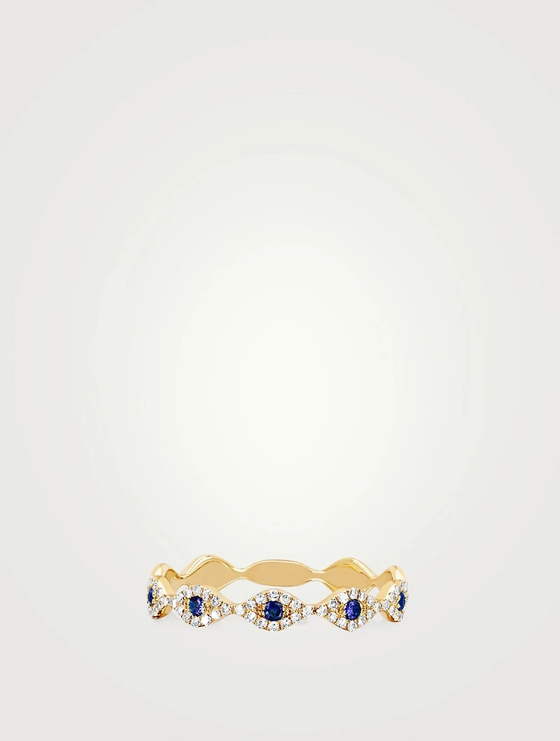 14K Gold Evil Eye Stacking Ring With Blue Sapphire And Diamonds