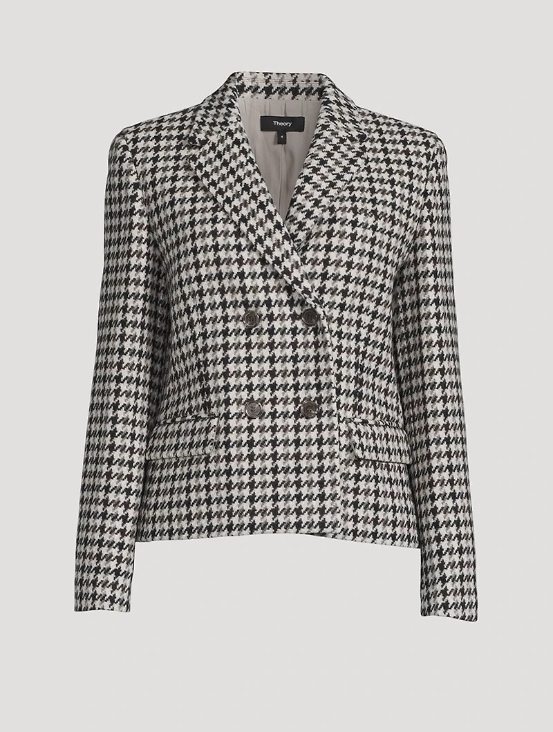 Double-Breasted Wool Blazer Houndstooth Print