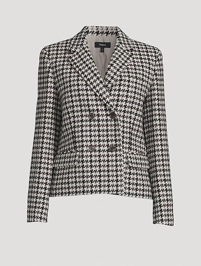 Double-Breasted Wool Blazer Houndstooth Print