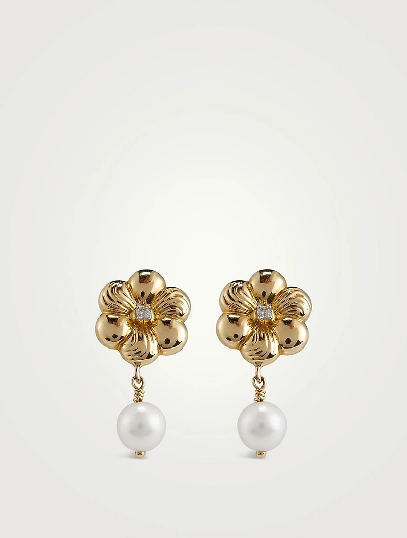 Gold Flo Pearl Drop Earrings