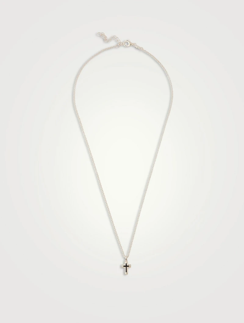 Sterling Silver Mini Cross Necklace With Black Enamel