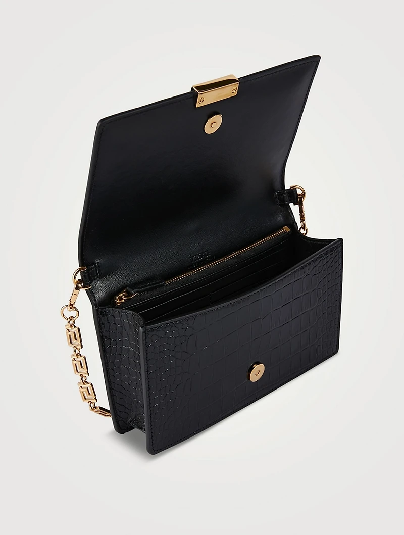 Mini Greca Goddess Croc-Embossed Leather Chain Wallet
