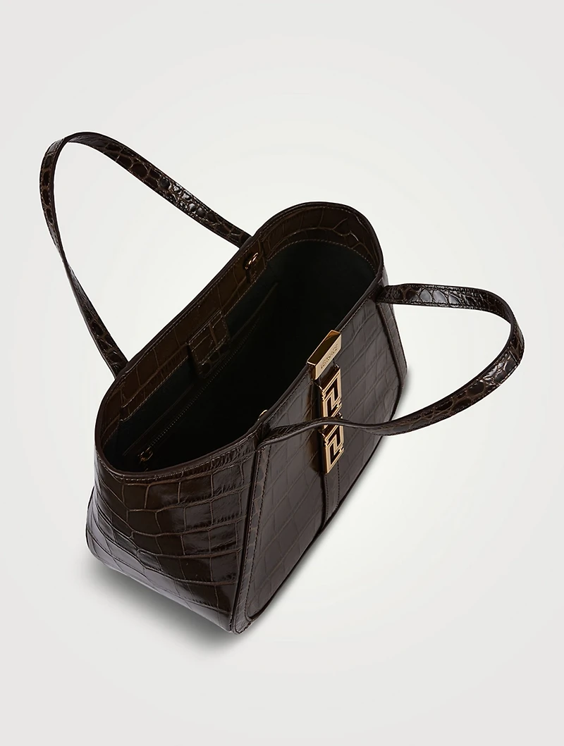 Small Greca Goddess Croc-Embossed Leather Tote Bag