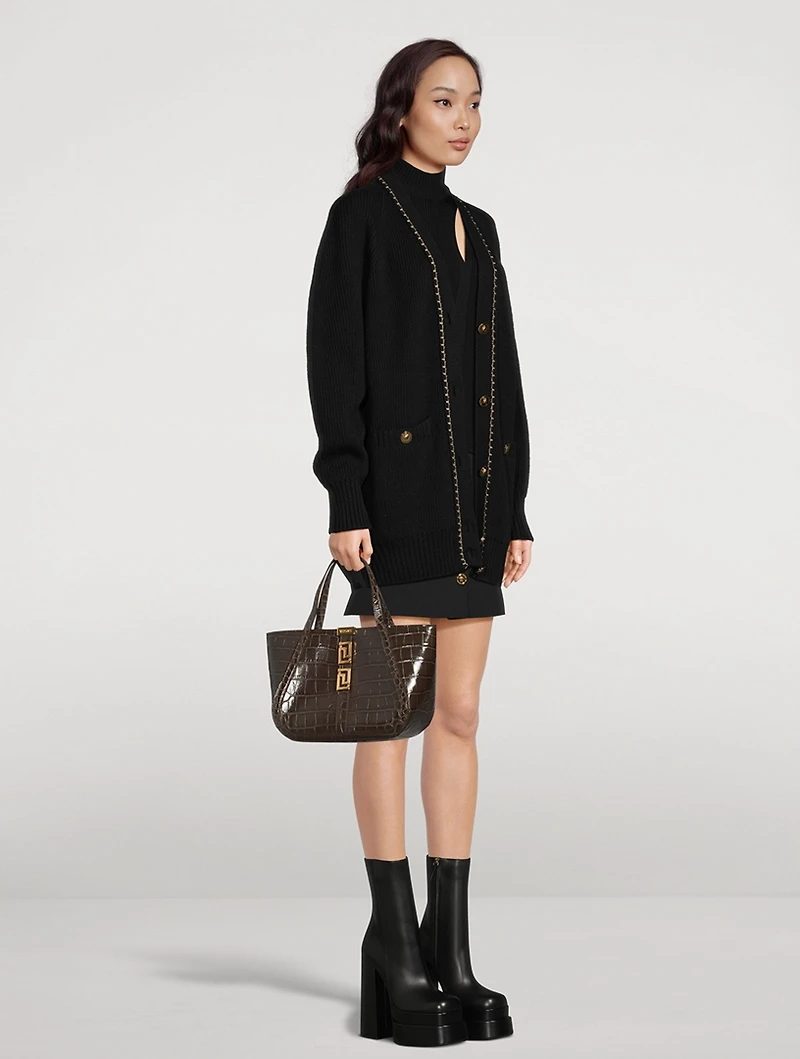 Small Greca Goddess Croc-Embossed Leather Tote Bag
