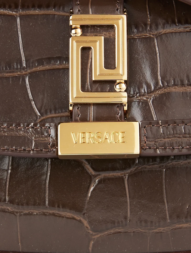 Mini Greca Goddess Croc-Embossed Leather Top Handle Bag