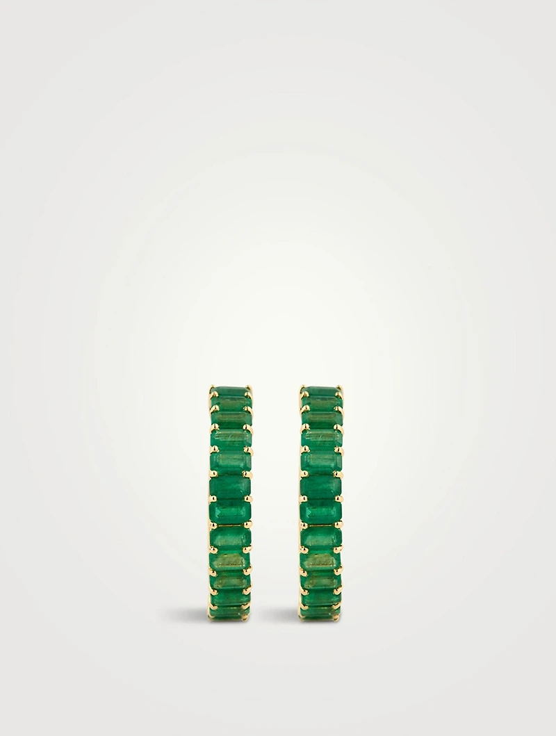 18K Gold Eternity Hoop Earrings With Emerald