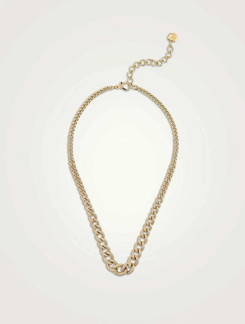 18K Gold Graduated Curb Chain Necklace With Diamonds