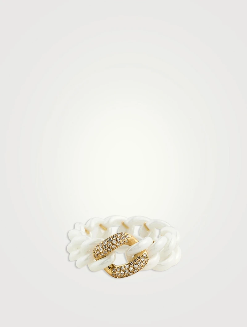 Medium 18K Gold And Ceramic Link Ring With Pavé Diamonds