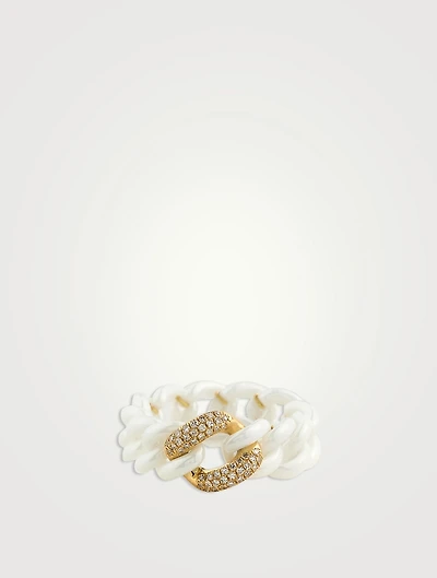Medium 18K Gold And Ceramic Link Ring With Pavé Diamonds