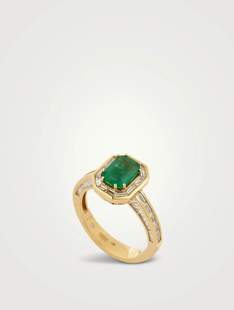 18K Gold Emerald Halo Ring With Diamonds