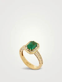 18K Gold Emerald Halo Ring With Diamonds