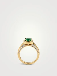 18K Gold Emerald Halo Ring With Diamonds