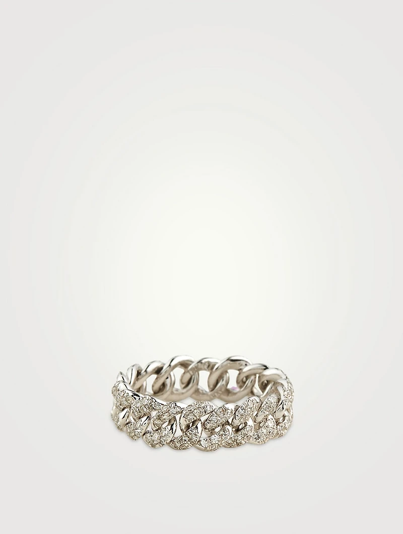 18K White Gold Mini Link Ring With Pave Diamonds