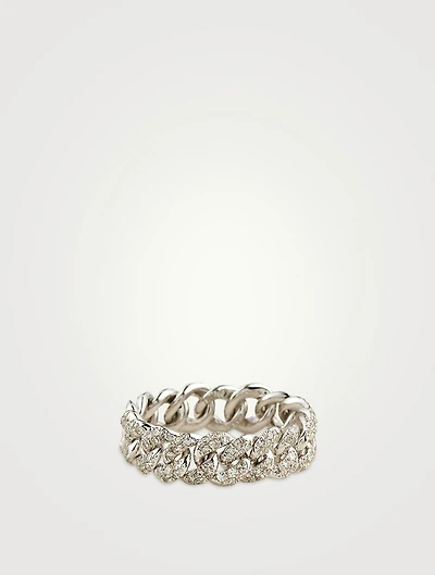 18K White Gold Mini Link Ring With Pave Diamonds