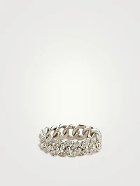 18K White Gold Mini Link Ring With Pave Diamonds