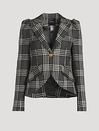 Puff-Sleeve Wool Blazer Plaid Print