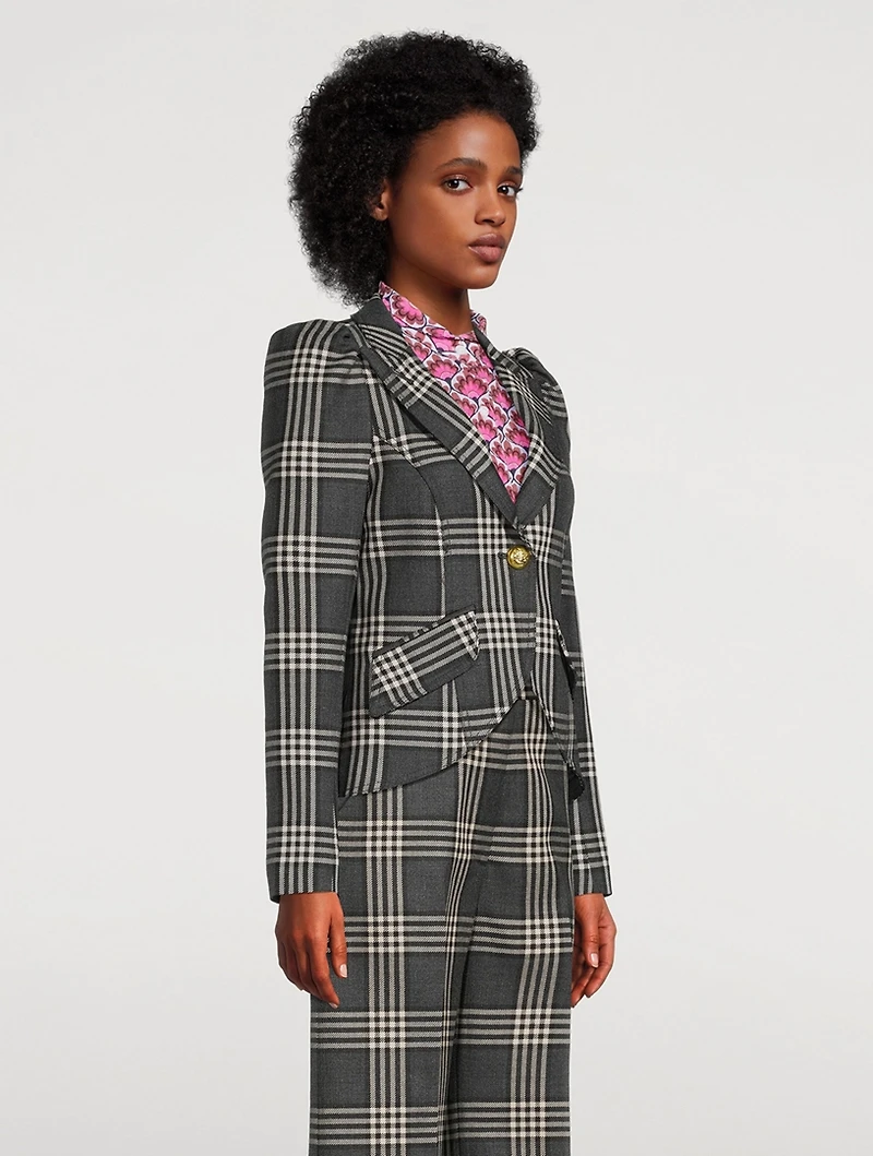 Puff-Sleeve Wool Blazer Plaid Print
