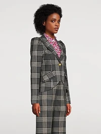 Puff-Sleeve Wool Blazer Plaid Print