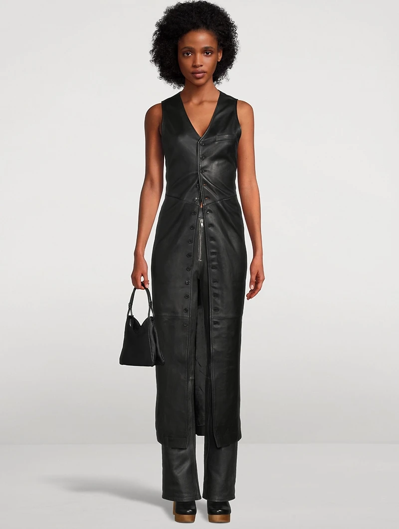 Button-Front Leather Midi Dress