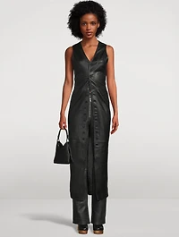 Button-Front Leather Midi Dress