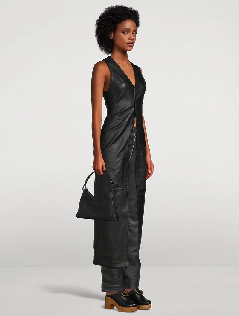 Button-Front Leather Midi Dress