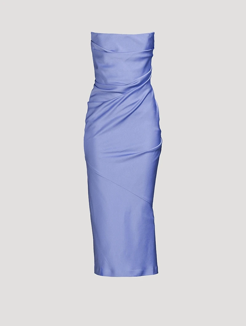 Draped Strapless Satin Crêpe Midi Dress