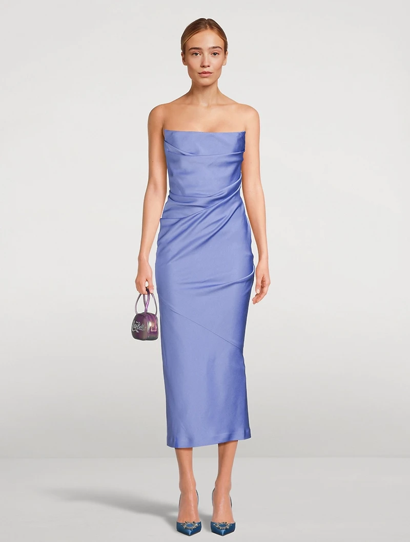 Draped Strapless Satin Crêpe Midi Dress