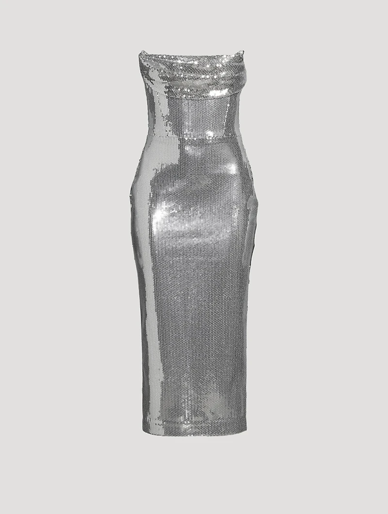 Draped Strapless Sequin Midi Dress