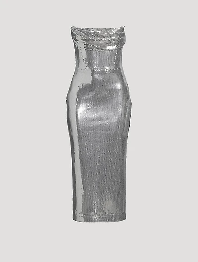 Draped Strapless Sequin Midi Dress