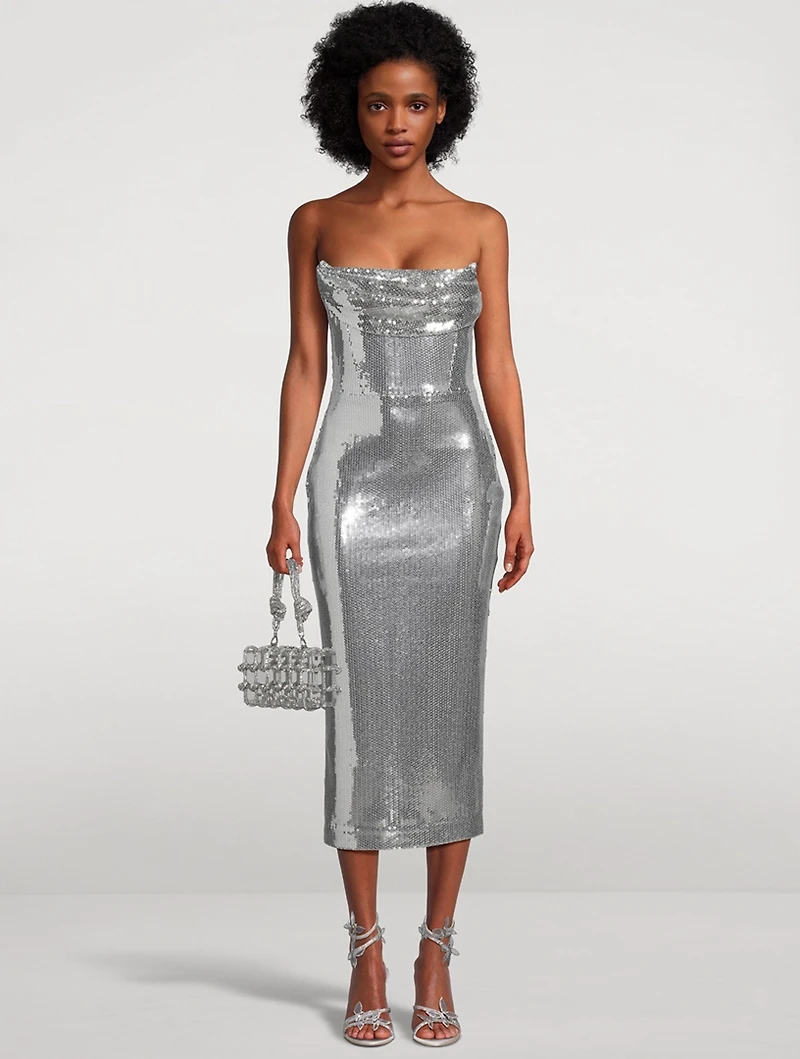 Draped Strapless Sequin Midi Dress
