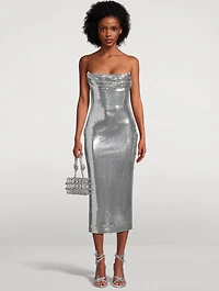 Draped Strapless Sequin Midi Dress