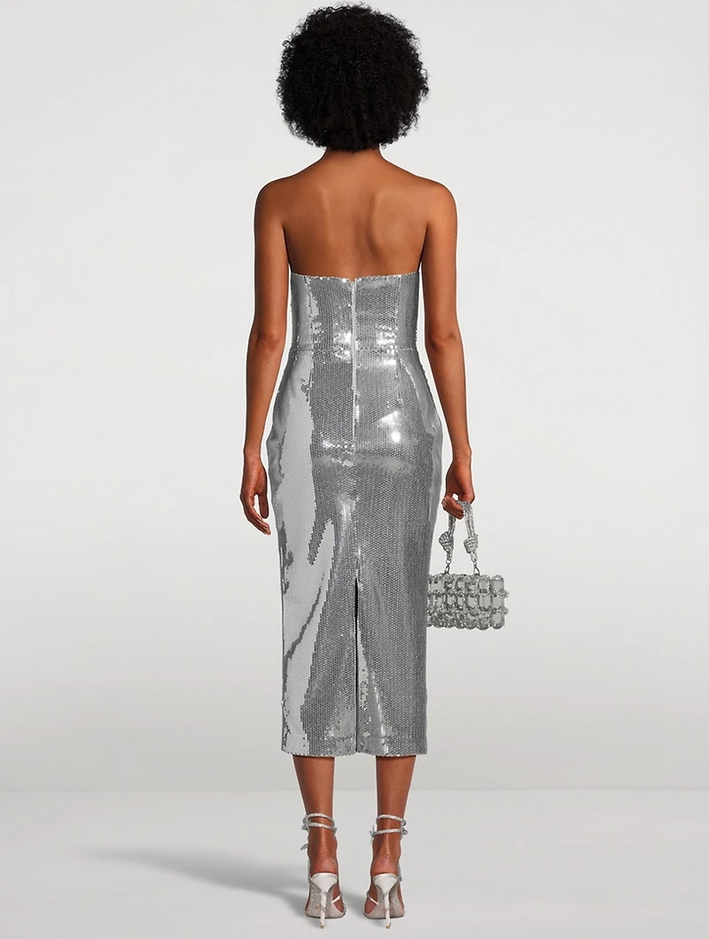 Draped Strapless Sequin Midi Dress